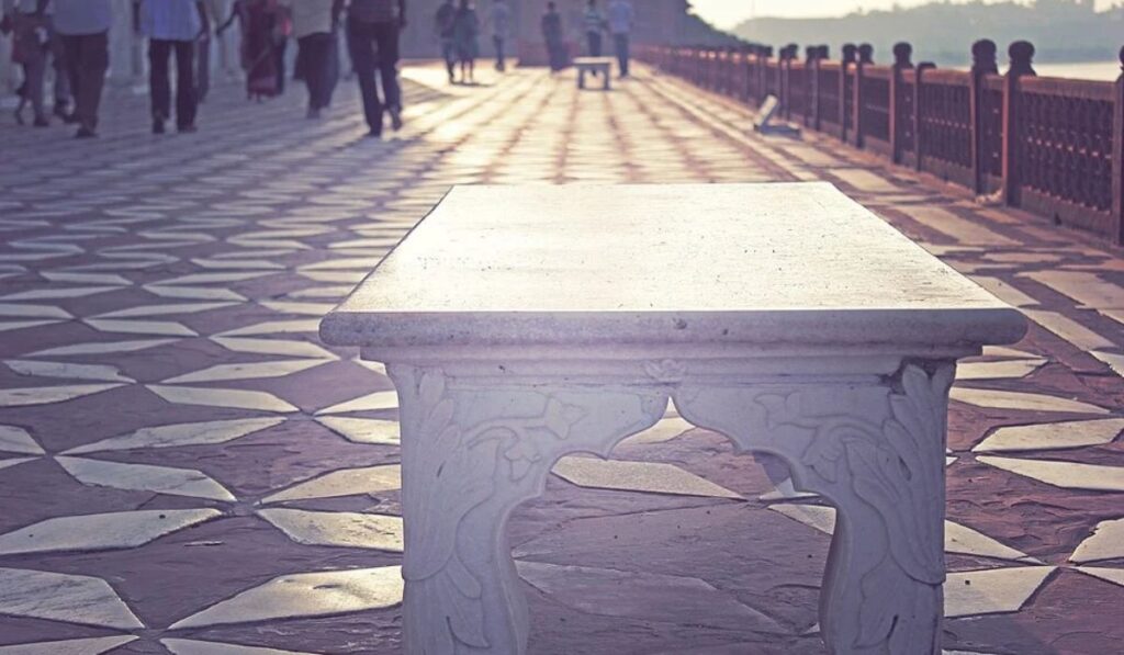 Marble bench and walkway at Taj Mahal in Agra